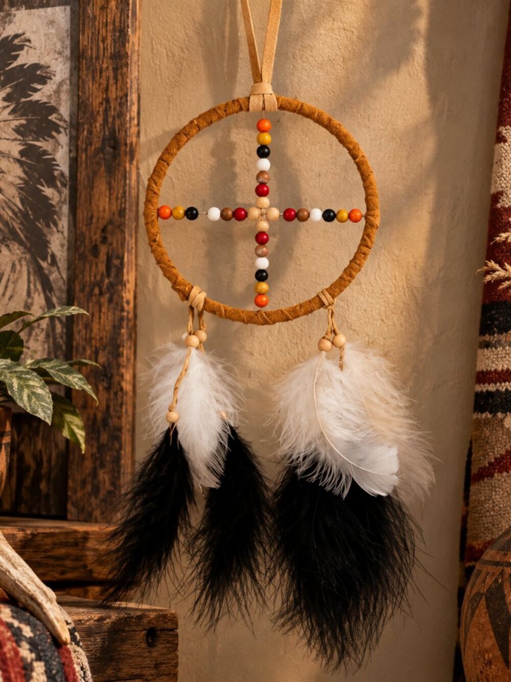 Handmade Boho Dreamcatcher Wall Hanging Beaded Cross Black White Feathers 15"
